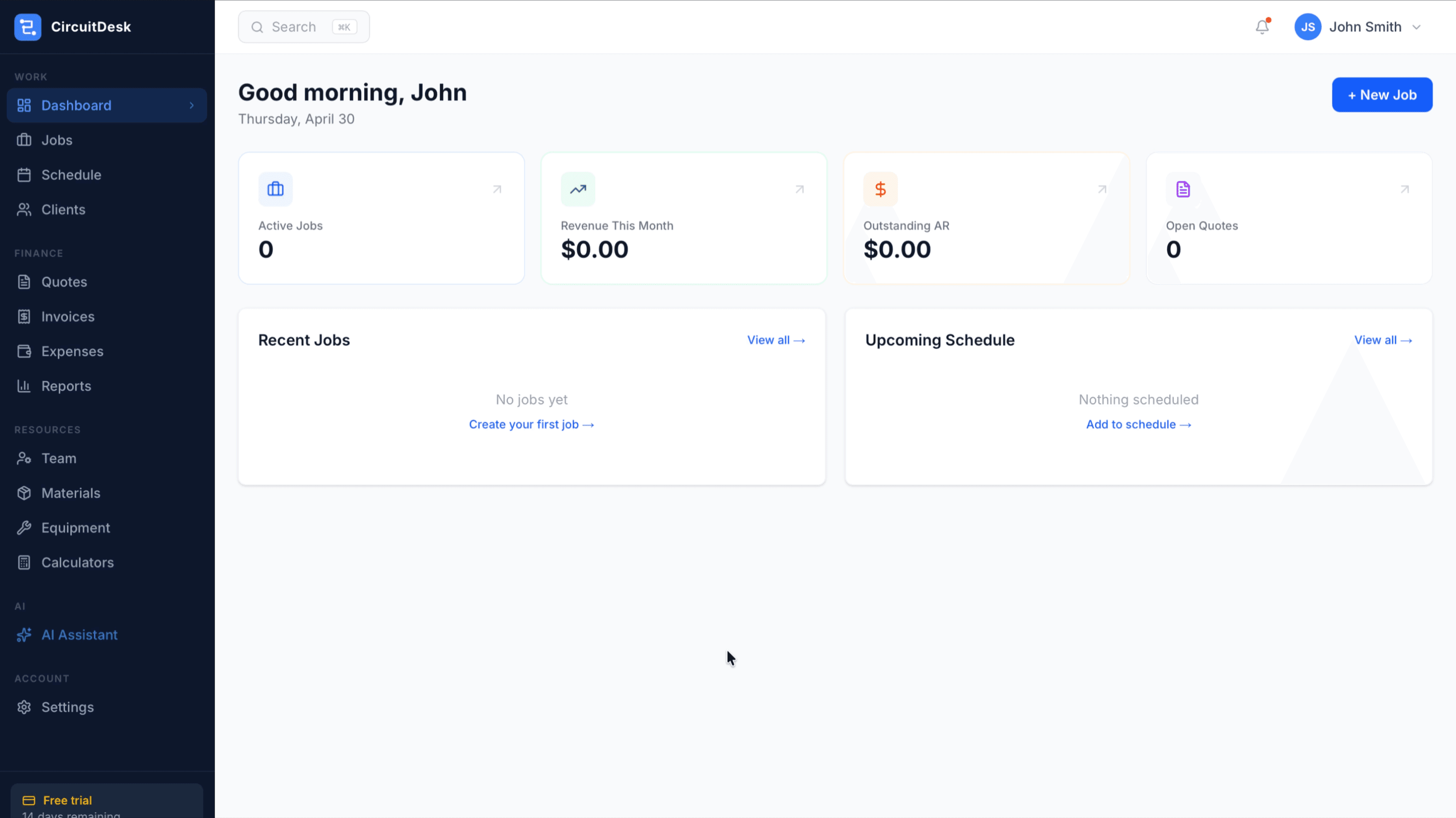 CircuitDesk dashboard — job tracking, invoicing, and electrical calculators